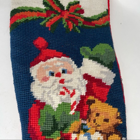 Vintage Christmas Stocking Santa Wool Needlepoint Cotton Backing - Picture 2 of 13